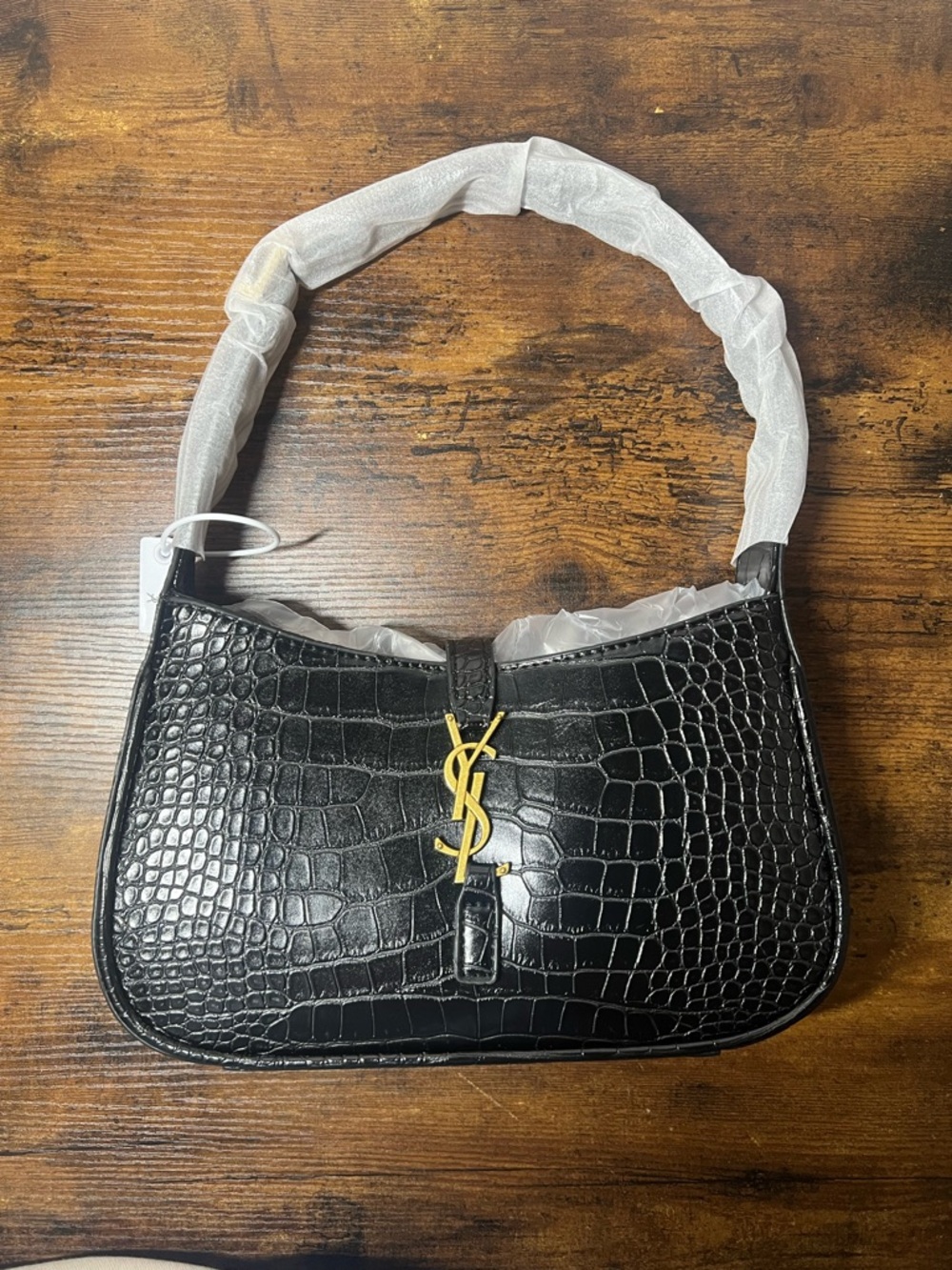 Saint Laurent Black Croc-Embossed Shoulder Bag with Gold YSL Logo